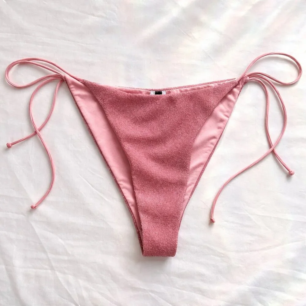 PrettyLittleThing Shimmer Tie Side Bikini Bottom Rose Pink Women’s 8